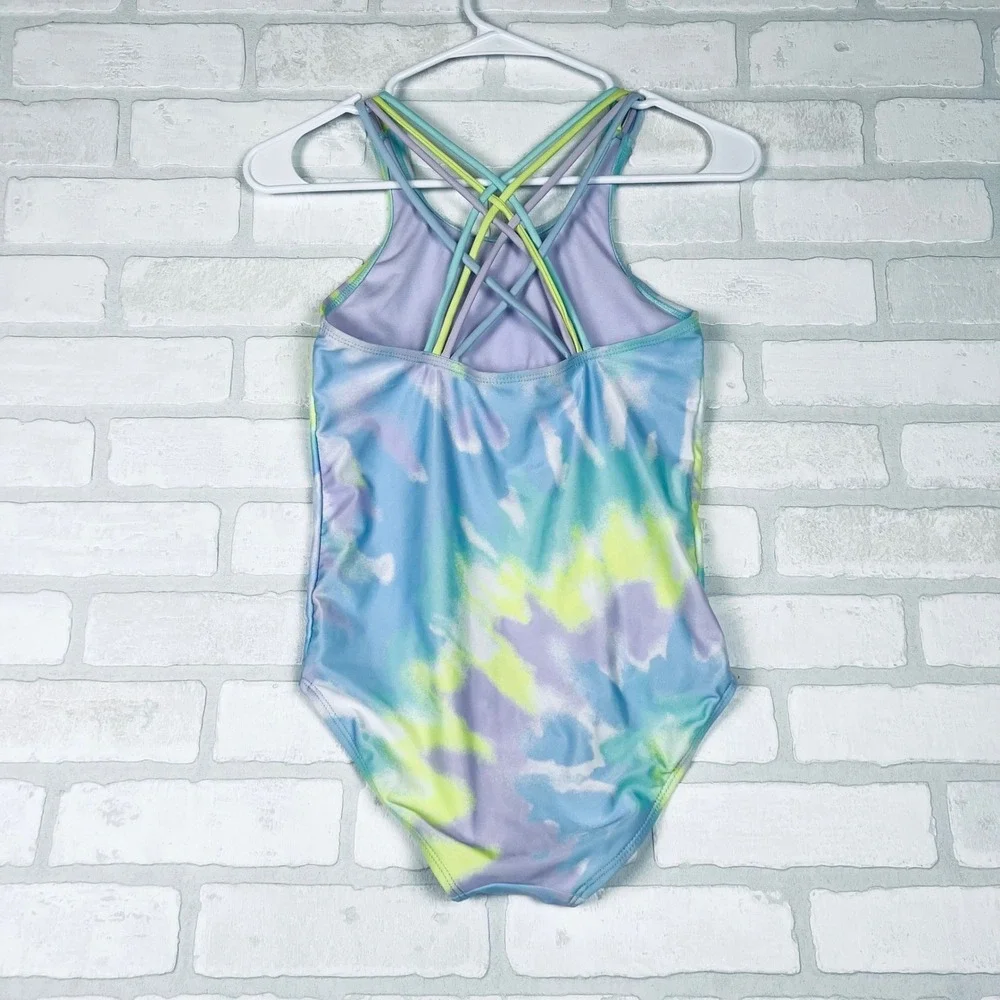 Justice Beach Girls‎ Tie Dye One Piece Swimsuit Multi Strap Blue Purple L 12/14